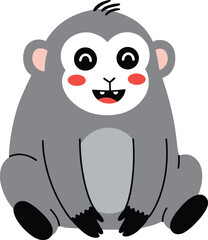 Cartoon monkey with red cheeks, white face, smiling teeth, gray body, flat vector, isolated, cad drawing