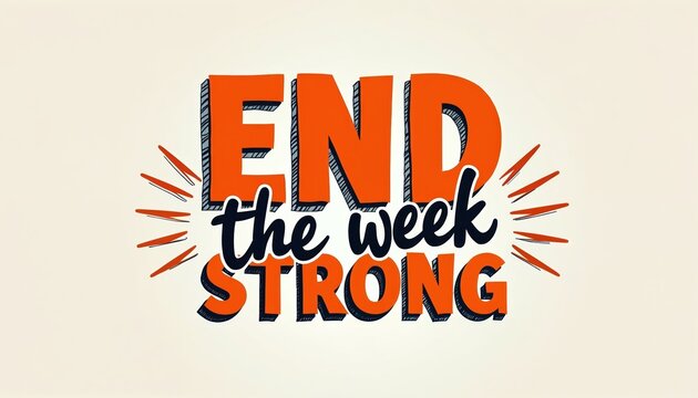 Bold text graphic urges to finish week with energy. Motivational quote for final push. Positive affirmation for goal achievement. Drive to complete tasks. Use for work, sports, personal growth.