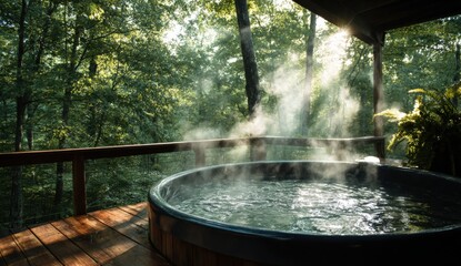 A wooden hot tub sits peacefully amid tall, green trees in a misty forest.