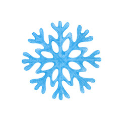 A blue snowflake, hand-drawn. The drawing with colored pencils is isolated on a white background. Winter template. Clipart.