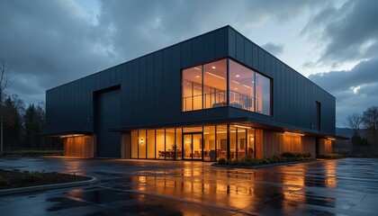Fototapeta premium Modern commercial building exterior with integrated office, warehouse space at twilight. Dark metal facade with large glass windows glows from within. Wet asphalt parking reflects illuminated company