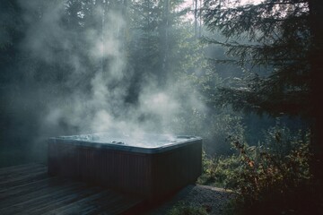 A wooden hot tub sits peacefully amid tall, green trees in a misty forest.