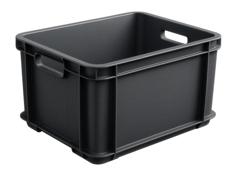 Durable plastic storage bin with reinforced sides for organizing workshop tools.