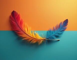 Colorful feather lies on two tone background. Feather has red yellow, blue vibrant colors. It symbolizes native culture heritage, freedom. Creative minimalistic backdrop suits for indigenous topics.