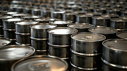 3d illustration featuring rows of classic metal oil barrels and drums in a detailed setting