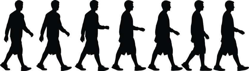 Human walking motion silhouette sequence, seven phases, long sleeves and sneakers, flat vector, isolated, cad drawing