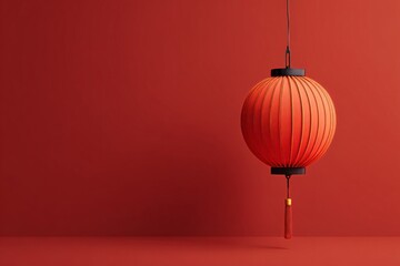 Obraz premium Vibrant Red Lantern Hangs Against a Solid Red Wall Creating a Warm Atmosphere in a Cozy Space