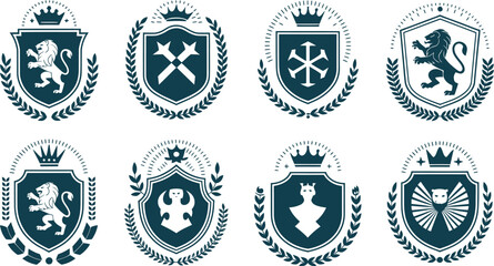 Heraldic crests logo collection vector design template heraldry symbols and signs set