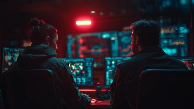 Cybersecurity security cyber defense command center monitoring analysts computer network alert dark mood vigilant analysts monitor cyber defense
