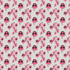 Repeating pattern of pink floral and leaf design on light background