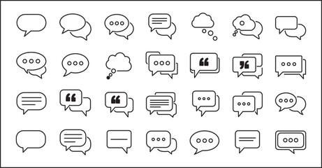 Speech Bubble and Chat Line Editable Icons set. Vector illustration in thin line style of communication-related icons: speech bubbles, chat boxes, thought clouds, message symbols, quotes, dialogues.