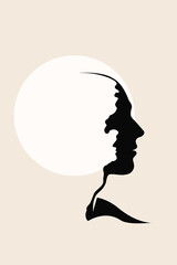 Vector illustration of a human head silhouette with multiple faces merging into one, symbolizing identity, inner self, duality, psychology, and complex human emotions.
