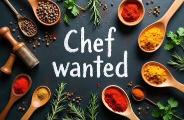 Image shows chalk writing Chef wanted surrounded by spices herbs and wooden spoons. Food ingredients on a dark background. Restaurant needs cook for culinary business