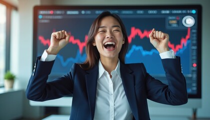 Young asian woman in business suit cheers with hands up. She smiles broadly in front of stock market graph on computer screen. Success and victory in finance.