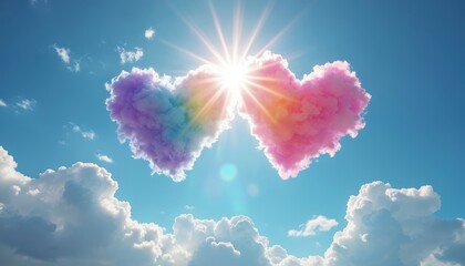 Heart shaped rainbow color clouds in the sky. Sky is clear, blue with sunshine. Concept of love and LGBTQ pride. Celebrating pride month with colors.