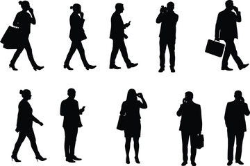 Silhouettes of business people using mobile phones while walking or standing, flat vector, isolated, cad drawing