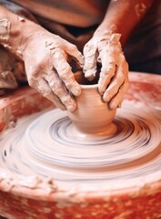 Hands are expertly molding wet clay on a pottery wheel, demonstrating traditional craftsmanship