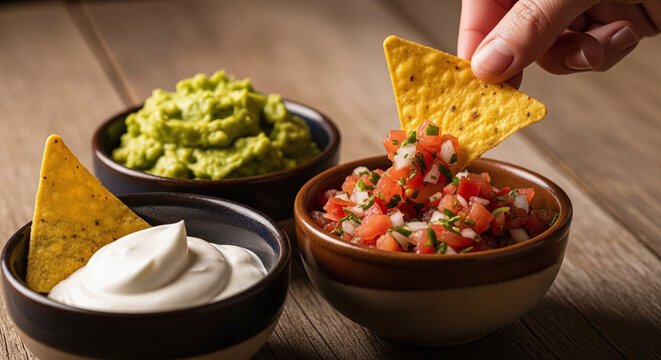 Hand dipping nacho chip into salsa with guacamole and sour cream bowls