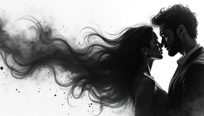 Fototapeta premium Close up illustration of man, woman in intimate embrace. Long flowing hair merges into abstract smoke patterns with ink splatters. Black, white artwork romance, deep emotional connection, passionate