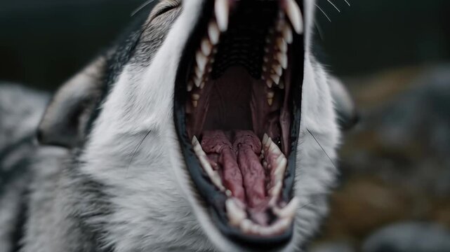 A dog with its mouth open and teeth bared. The dog appears to be angry or aggressive