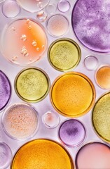 Macro composition of round liquid bubbles suspended within transparent medium.