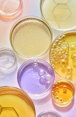 Macro composition of round liquid bubbles suspended within transparent medium.