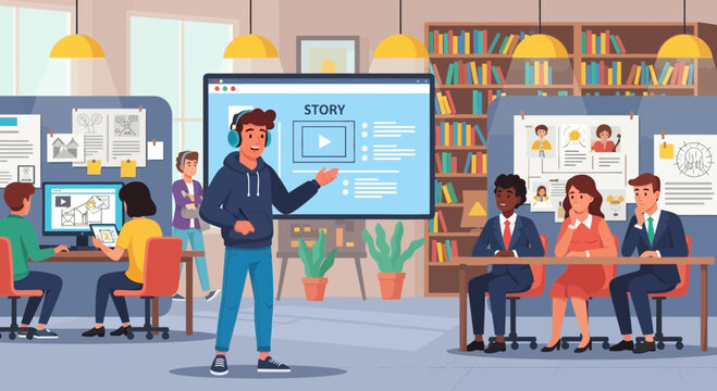 Modern creative team presenting a video storyboard in open office environment