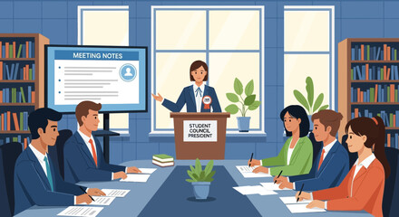 Student council meeting in session, discussing future planning and strategy