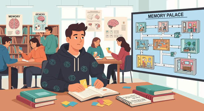 Students using memory palace technique in classroom for learning and education
