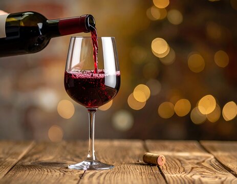 una copa de vino un poco inclinada con un cuello de botella de vino tinto vertiendo vino