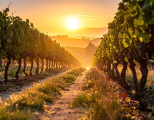 Naklejka premium un sendero en viñedo con uvas maduras al amanecer