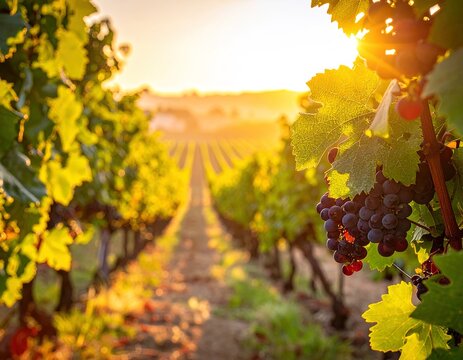 un sendero en vi&ntilde;edo con uvas maduras al amanecer