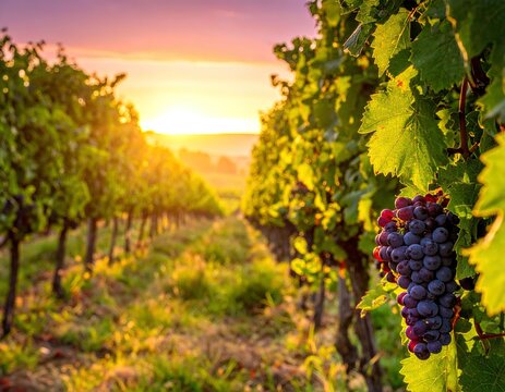 un sendero en vi&ntilde;edo con uvas maduras al amanecer