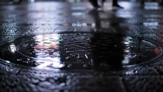 Wet manhole cover reflecting city lights after rain on street, for atmosphere use