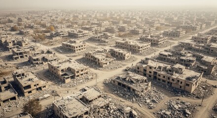 Aerial view of destroyed city buildings in dusty war zone