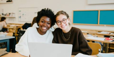 Diverse teenage student girls learning online on laptop computer, space for text, premium shot, high resolution, diversity, study, educated, classroom setting, university