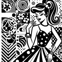 fashion model in retro style, fashion model in retro style dress, retro woman with retro hairstyle, retro woman with retro style, retro girl with retro style, girl in a hat, girl in a black dress