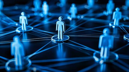 3d rendering of interconnected circles with people icons representing team management on blue