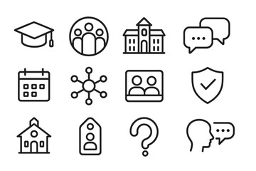 Alumni Network Icons. Line style round icons of alumni and peer networks: graduation hat, group circle, old campus, chat link;