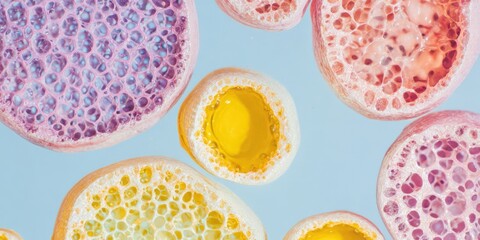 Macro pattern of overlapping rounded membranes forming translucent organic clusters.