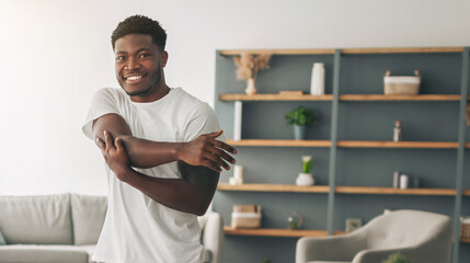 Warm Up Concept. Portrait of happy young black couple stretching arms before home training,...