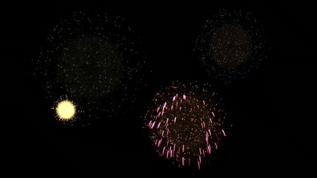 Colorful Fireworks Display Animation &ndash; Exploding Red, Yellow, Green, Pink, Purple, and Orange Fireballs with Glitter and Twinkle Effects on Black Background