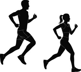 Silhouettes of man and woman running in dynamic athletic stride, flat vector, isolated, cad drawing