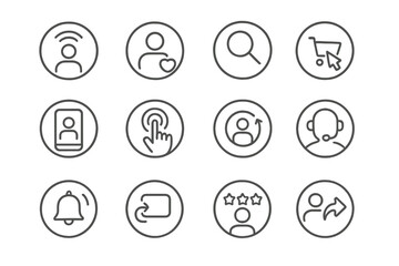 User Journey Icons. Line style round icons of user experience steps: awareness stage, interest icon, evaluation process, purchase