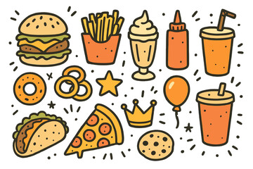 Burger Shop Icon Set. Burger shop doodle icon set: hand drawn icons of cheeseburger, fries, milkshake, ketchup, mustard, onion