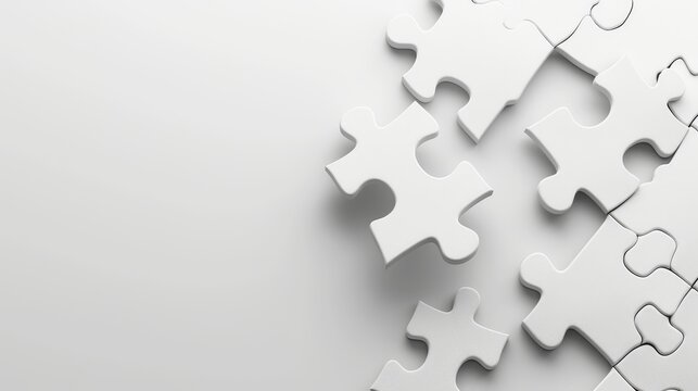 Two interlocking white puzzle pieces representing unity and connection in 3d rendering