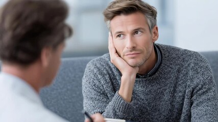 A man is sitting on a couch with his head on his hand. He is looking at a piece of paper. A doctor is sitting next to him - Powered by Adobe