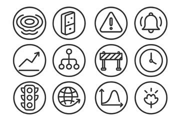 Consequences Icon Set. Line style round icons of consequences: ripple wave, domino tile, warning sign, alert icon; result chart,
