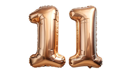 Rose gold number 11 balloons isolated on transparent background for birthday party decoration