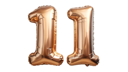 Rose gold number 11 balloons isolated on transparent background for birthday party decoration